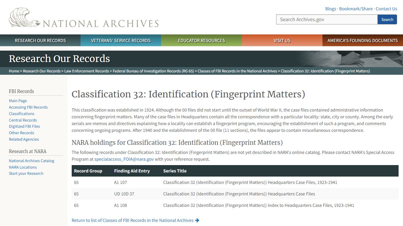 Classification 32: Identification (Fingerprint Matters) | National Archives